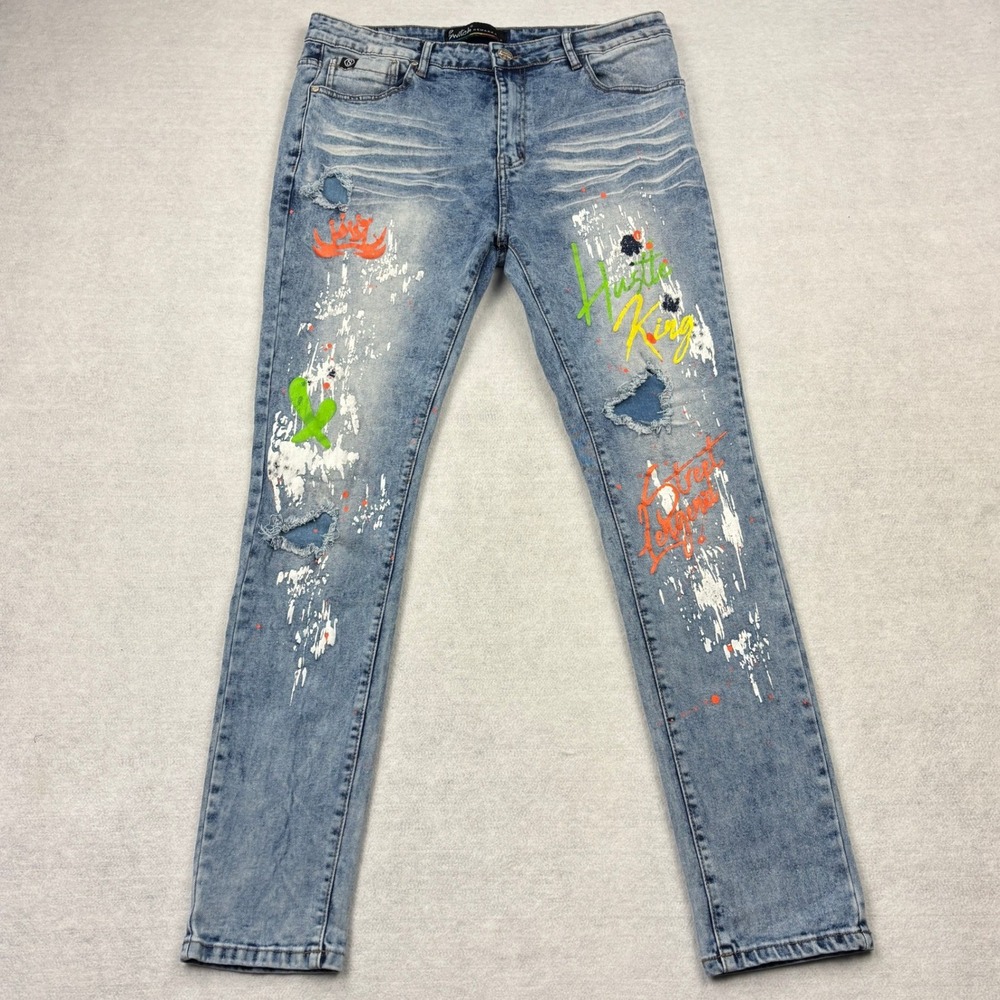 Switch Remarkable Mens 36x32 Slim Taper Jeans Graffiti Paint Splatter Distressed